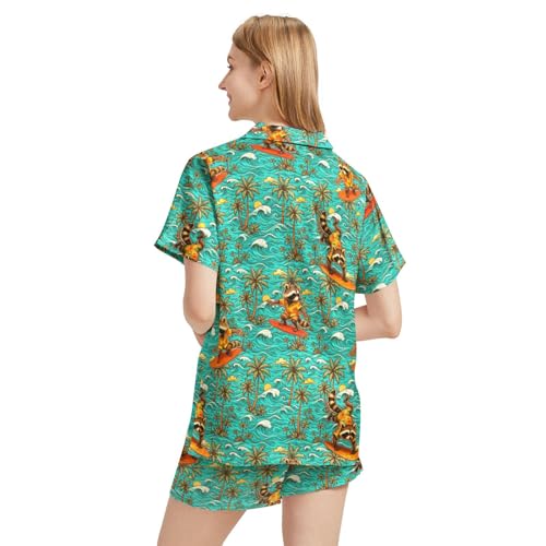 Image of Funny Pajamas for Women Set Print Satin Loungewear Pjs Short Sleeve Button Down Top and Shorts Sets Sleepwear XS-3XL