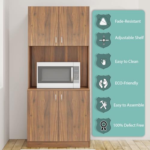 Image of VIKI Furniture | Kitchen Cabinet - 5 Tier Unit with Doors & Open Shelves, Organizer for Kitchen, Bedroom, Hallway & Living Room (Brussel Walnut - 40D x 80W x 180H cm) | 1 Year Warranty