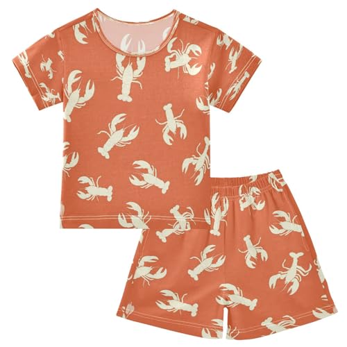 Pajama Sets Short Sleeve Cute Lobster Print on Orange Soft Cotton Summer Sleepwear 2 Piece PJS Size 5-14T