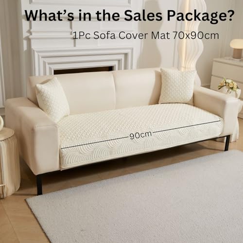 Image of HOMETHREADS Premium Cotton Sofa Cover Mat with PVC Backing for Non-Slip Comfort (Cream, 1 Seater Large| 70x90cm)