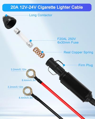HATMINI 2 sztuki 14 AWG wtyczka do zapalniczki samochodowej na zacisk o-ring, przedłużacz wiązki przewodów, 20 A, 12 V/24 V, wytrzymały kabel wtykowy do zapalniczki samochodowej, zacisk oczkowy 8 mm