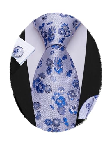 Image of Barry.Wang Light Blue Flower Ties for Men Silk Woven Floral Tie Sets Necktie Handkerchief Cufflinks Wedding Party