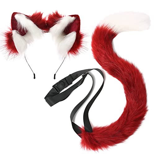 sy soul young Cat Ears and Tail set Costume fox Cosplay for women headband Halloween party furry Animal Accessory(Red)