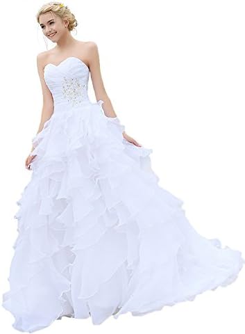 Ubridal Sweetheart Ruffles Beaded Organza Ball Gown Wedding Dress White