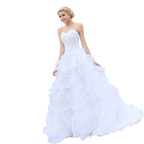 Ubridal Sweetheart Ruffles Beaded Organza Ball Gown Wedding Dress White