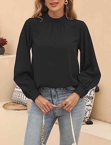 Euredeja Women's Mock Neck Shirt Balloon Sleeve Ruffle Business Casual Blouses (Large, Black) #TOP2
