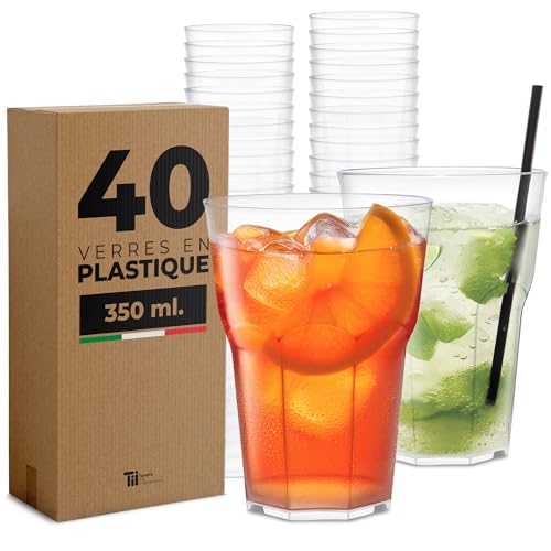 TUNDRA - Lot de 40 GOBELETS en PLASTIQUE RÉUTILISABLES 35 cl à Eau, Biere, Cocktail, Granité - Verres RECYCLABLES Incassables, BPA-Free, Transparents et ÉLASTIQUE pour Fêtes