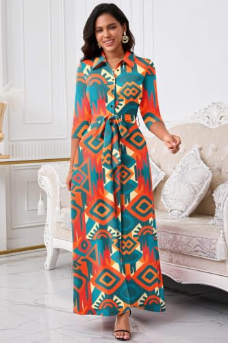 Image of Runwind Women Church Maxi Dresses 3 /4 Sleeve Button Down Print Casual Office Dress African