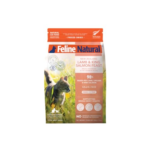Feline Natural High Protein Dry Cat Food, Freeze-Dried Diet with 98% Meat, Organs & Seafood, No Peas, Grains, or Artificial Additives, Made in New Zealand, Lamb & King Salmon, 11oz