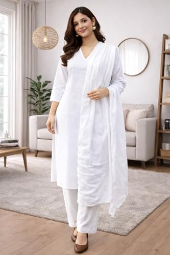 Image of Women's Pure Cotton White plain Salwar Suit | solid Coord Set with Duppatta