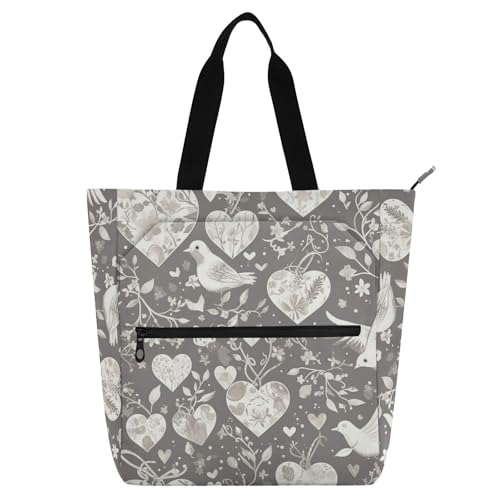 Decorative Kids Cute Tote Bags for Kids Adults, Grey and White Valentine Love Bird Waterproof Tote Bag Resuable Grocery Bag with Zipper for School Shopping Beach Rainbow para libros de lectura