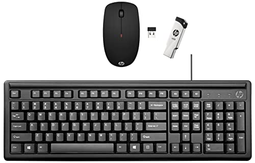 Image of HP X200 Wireless Mouse with 2.4 GHz Wireless connectivity (6VY95AA) & v236w 64GB USB 2.0 Pen Drive & 100 Wired Keyboard with USB Compatibility,Numeric keypad, Full Range of 109 Key (2UN30AA)
