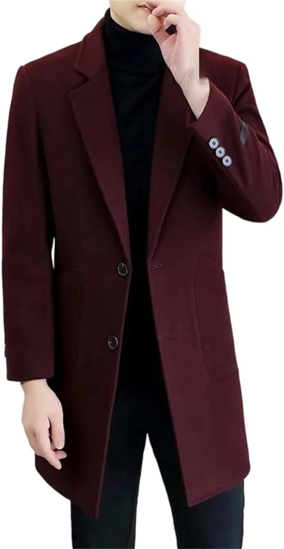 Men's Trench Coat Fall Winter Casual Wool Jacket Long Sleeve Warm Overcoat