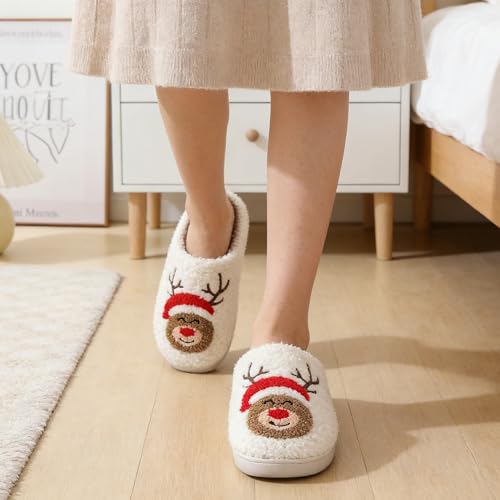 Image of Christmas Slippers Winter Warm Plush Pattern Slippers Soft Non-Slip Indoor House Shoes for Men Women