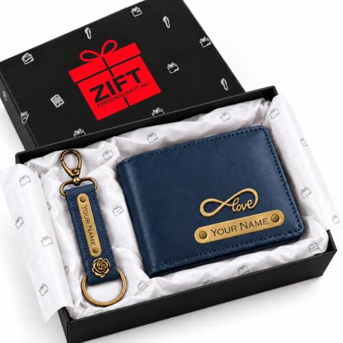 Image of Zift Personalized Name & Charm Leather Wallet & Keychain Gift Set for Men | Custom Name Engraved Wallet with Keychain | Birthday Anniversary Diwali Corporate Gifts for Men (Ocean Blue)
