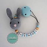  Schnullerkette mit Namen Gravur Hase Geburt Taufe Geschenk Silikonring individuell  Junge Blau Namenskette