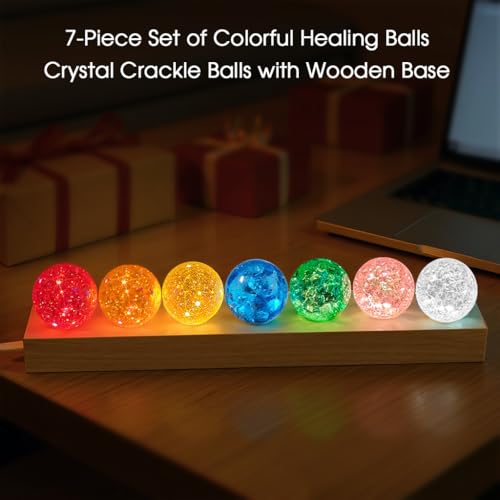 Image of L LOHAS LED 7 Colors 40mm Ice Cracked Balls Crystal Chakra Balls | LED Wooden Base Glass Healing Sphere Balls with Stand Night Light Decoration Quartz for Home Living Room
