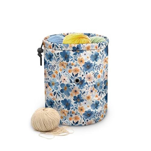 Image of Sellikakes Yarn Bag, Blue Floral Knitting Storage Bag Portable Yarn Holder Crocheting Organizer Store Skein Ball Needles,Sewing Accessories Supplies