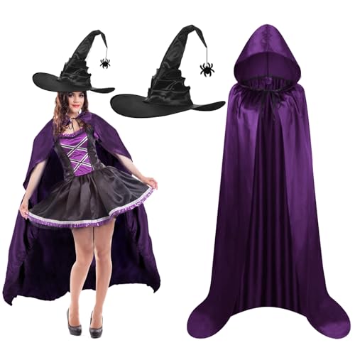 DKINY 2 Piece Purple Witch Costume Adult Ladies Halloween Fancy Dress Costume Set with Vampire Hooded Cloak & Purple Witch Hat Halloween Outfit for Women Haunted House Halloween Party Cosplay