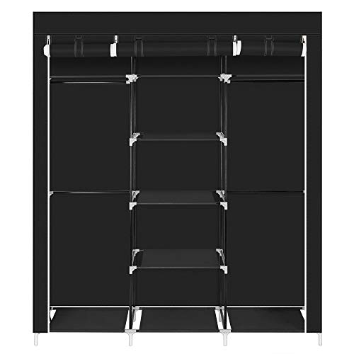 Bonnlo Kleiderschrank, Offener Kleiderschrank Stoff, 150 x 45 x 175 cm, Stoffschrank mit Kleiderstange & Ablagen Stabil, für Schlafzimmer, viel Stauraum, Faltbar, Schwarz