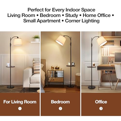 Image of AIDENOEY Fully Dimmable Floor Lamp for Living Room,Standing Lamp Rotary Switch with Table&Linen Beige Shade,Black Tall Lamps for Bedroom with Adjust Head,9W LED Bulb Included