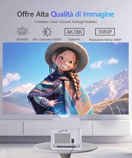 Alwtniet Proiettore Portatile 4K 8K [1080P Nativo e App Integrate] Mini Videoproiettore WiFi 6 Bluetooth 5.4 Android 14 Auto Keystone 6D/Auto Evita Ostacoli per Telefono, Smart TV, HDMI,USB HY350 Max