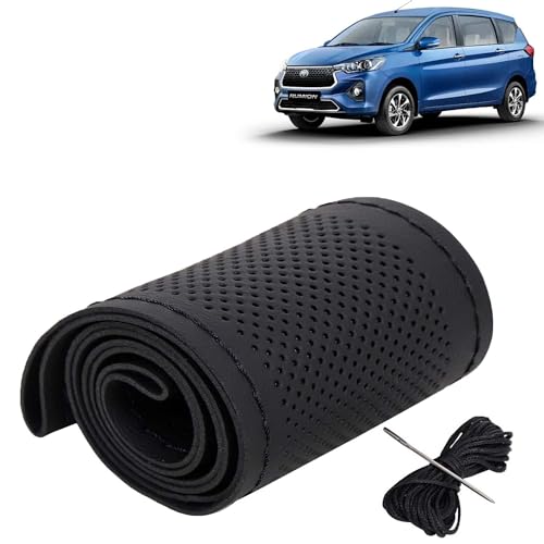 Image of KINGSWAY PU Leatherite Car Steering Cover Sewable Compatible with Toyota Rumion (Year 2023 Onwards), Black Color with Black Thread, Pack of 1 with Sewing Needle and Thread