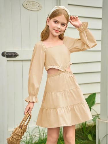 Haloumoning Girls Dresses Long Sleeve Square Neck Crossover Waist Casual A-Line Fall Dress 5-14Y3