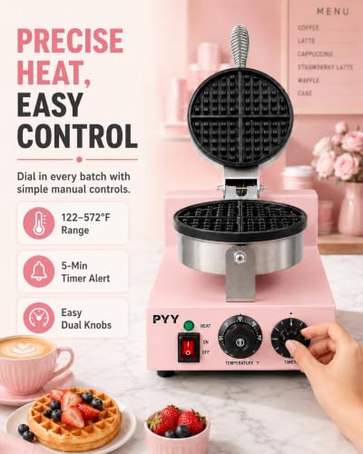 Image of PYY Commercial Waffle Maker, 1200W Professional Waffle Maker Commercial with Nonstick Plates, 122F-572F Temp Control, 5-Min Timer, Cool Touch Spring Handle, Home Kitchen Cafe Restaurant, Pink