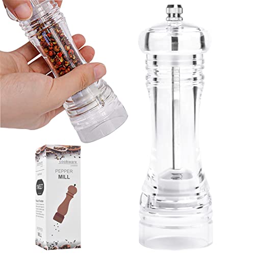 Dokeno Salz- und Pfeffermühle, Transparent Gewürz-Mühle aus Acryl 16.7CM mit Einstellbarem Keramikmahlwerk für Gewürze, Pfeffer, Salz und Chili - Manuell