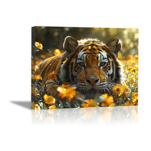 Art sur toile tigre dans les fleurs tableau decoration murale chambre coucher encadree