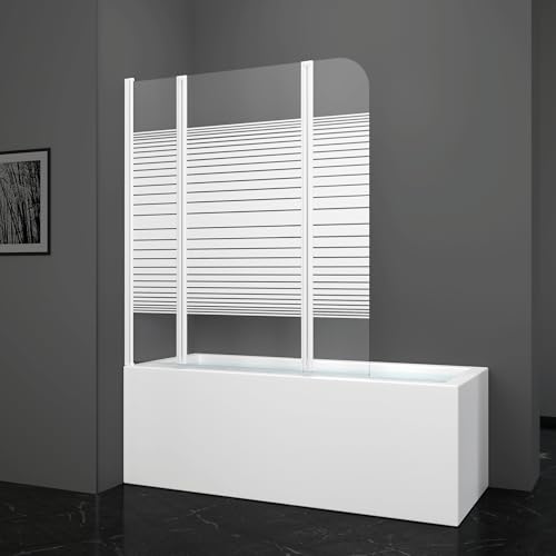 MARWELL White Lines - Mampara de ducha para bañera (125 x 140 cm, 3 piezas, plegable, color blanco mate), mampara de ducha de vidrio templado de seguridad de 4 mm de grosor