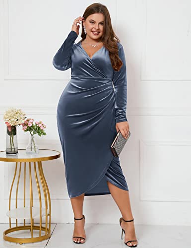 Image of ZOMVA Plus Size Velvet Wrap Dress Ruched Bodycon Dress Long Sleeves Ruffle Long Elegant Party Wedding Guest Cocktail Holiday