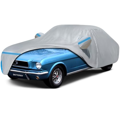 Image of Car Cover for 1964-1978 Ford Mustang, Waterproof Custom-fit All Weather Sun Rain UV Dust Snow Protection Outdoor Mustang Full Car Cover with Door Zipper and Cotton Lining-Grey