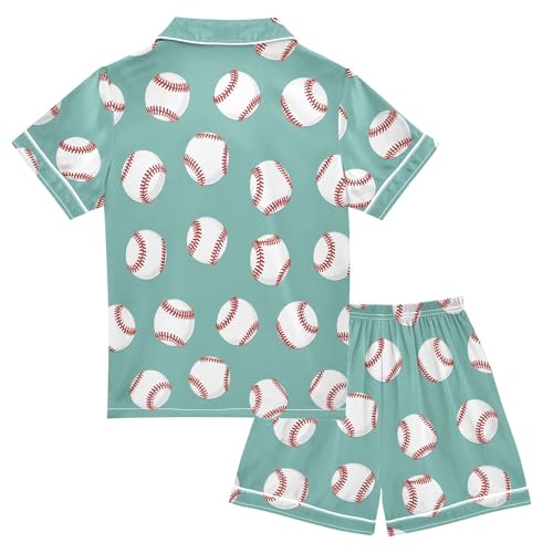 Cartoon Baseball Style Summer Satin Pajama Set, Cute Button-Down Sleepwear Pj Set for Sleep Wears2