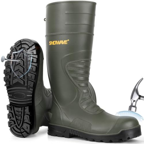 Showave Mens Steel Toe Rubber Boots Kevlar Sole Safety Work Boot Puncture-Proof Rain Boot Slip & Oil Resistant Outsole for Industrial Construction Agriculture Size 10 ArmyGreen