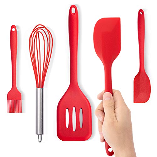Image of P-Plus International Silicone Spatula Set 5-piece - 500ºF Heat-Resistant Baking Spoon Spatula - Seamless One-Piece Design Easy to Clean - Non-Stick Silicone Stainless Steel Core (Utensil 5 RED)