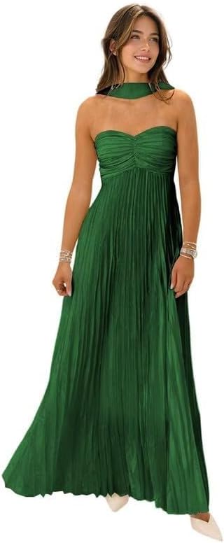 Womens Chiffon Bridesmaid Dresses with Scarf Long Strapless Prom Dresses 2025 Pleated Wedding Guest Dress B21