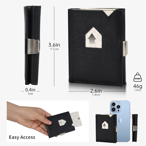 Men's Wallet, Genuine Leather RFID Blocking Slim Money Clip Wallet Minimalist Front Pocket Tri-Fold Money Clip Credit Card Holder with Present Box Black3