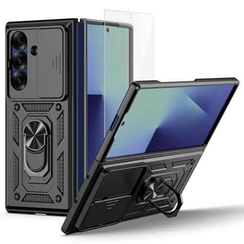 Funda para Samsung Galaxy Z Fold 7, Carcasa Armor Cubierta de cámara Deslizante Proteger con 1× Cristal Templado, Cover con 360 Grados Magnetic Anillo Hard PC y Silicona Bumper antigolpes Case, negro