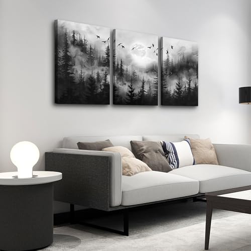 DZRWUBHS Black And White Wall Art - Canvas Wall Decor For Living Room, Bedroom And Office - Misty Forest Landscape Abstract Paintings by DZRWUBHS - Used condition - Image 2