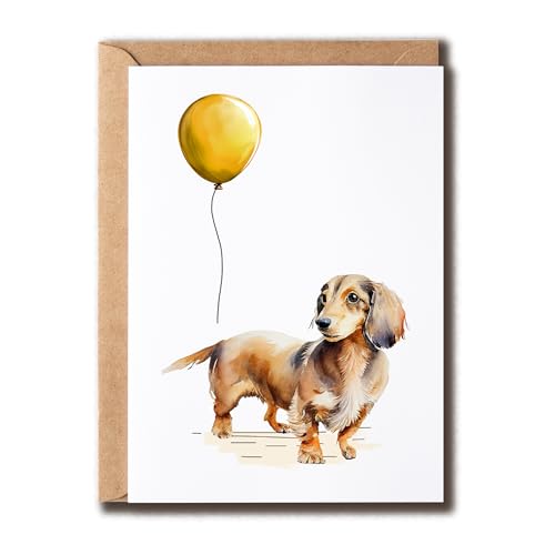 YoYi93Art Long Haired Dachshund With Balloon Card - Dachshund Birthday Card - Happy Birthday - Dog Mom - Dog Lover - Gift For Family Friend