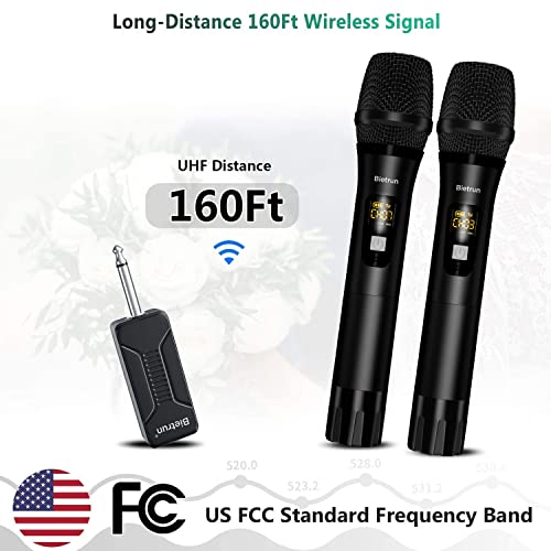 Bietrun Multipurpose Dynamic Microphones, 160 Ft Range, Uhf Metal Dual Handheld Dynamic Mic Karaoke System With Rechargeable Receiver, 1/4‘’＆1/8‘’Output, For Amplifier, Pa System, Party #TOP2