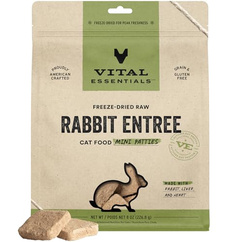 Vital Essentials Freeze Dried Cat Food, Raw Rabbit Mini Patties | Complete Meal or Topper | Easy to Portion and Rehydrate | High Protein, Grain Free Dry Cat Food | 8 oz Bag
