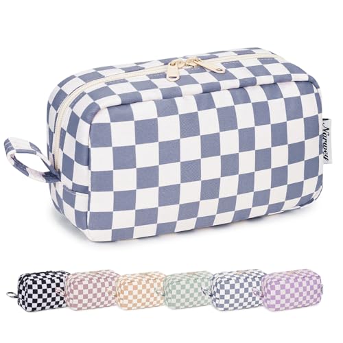Image of Narwey Checkered Makeup Bag Travel Cosmetic Bag Organizer Small Toiletry Bag Make Up Bags with Organzied Pockets for Women (Grayish Blue Checkerboard, Large)