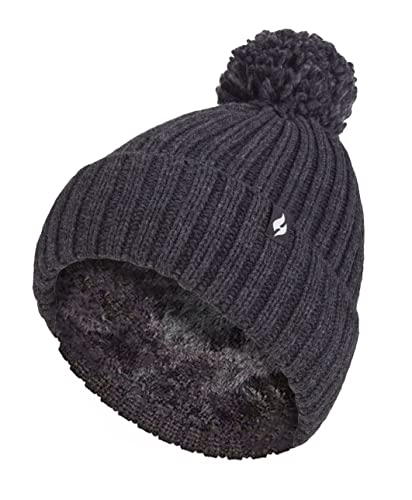 HEAT HOLDERS - Ladies Thick Chunky Ribbed Cuffed Thermal Insulated Winter Pom Pom Bobble Hat (One Size, Charcoal)