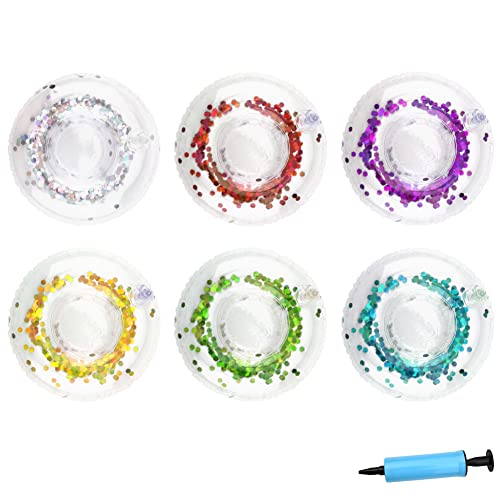 6 Piezas Portavasos Inflable y Bomba de Aire, Soportes Inflables para Bebidas para Piscina, Portavasos Flotante Juego, Portavasos Hinchable para Fiestas de Verano en la Piscina