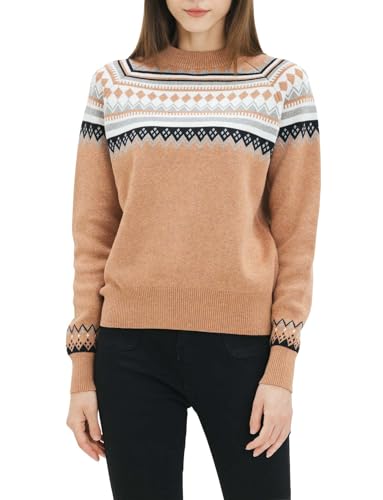 Cable Stitch Women's Fair Isle Sweater – Classic Vintage Jacquard Long Sleeve Crewneck Pullover Top