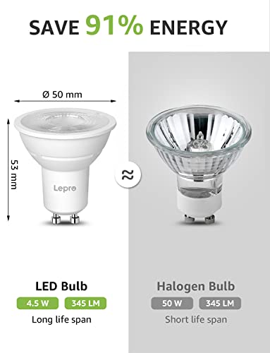 Lepro GU10 LED Bulbs Dimmable, Warm White 2700K, 4.5W 345lm, 50W Halogen Spotlight Bulb Equivalent, 38° Narrow Beam, Energy Saving GU10 LED Light Bulbs, Pack of 10 - Image 5