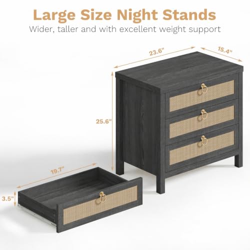 Image of Eclatara Large Rattan Night Stand Set of 2 Boho Nightstand with 3 Drawers | Black Oak Storage Bedside Table End Table Side Table for Bedroom